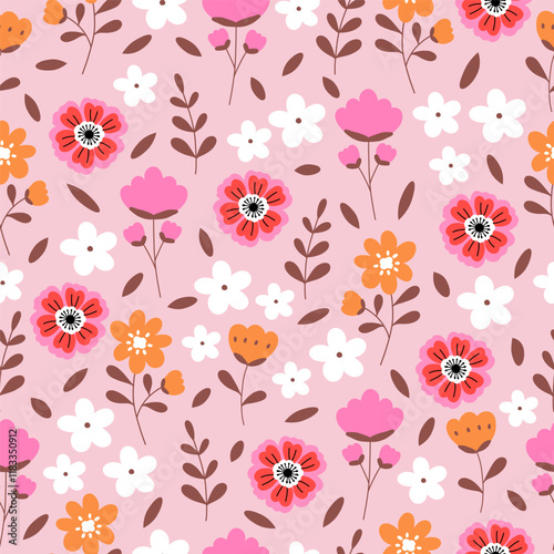 Wallpaper Mural Seamless pattern with beautiful flower on pink background. Cute hand drawn floral pattern for your fabric, summer background, wallpaper, backdrop, textile. Vector illustration Torontodigital.ca