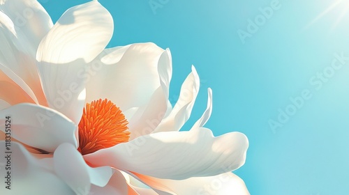 Sunny magnolia blossom closeup, blue sky, springtime,  website banner