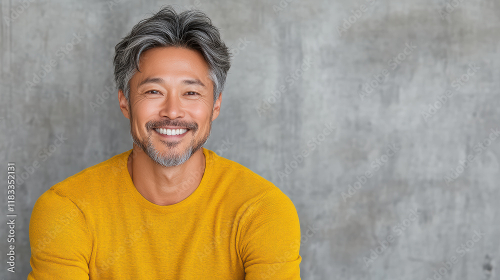 Joyful Asian man with gray hair smiling in yellow sweater against gray background Joyful Asian man with gray hair smiling in yellow sweater against gray background