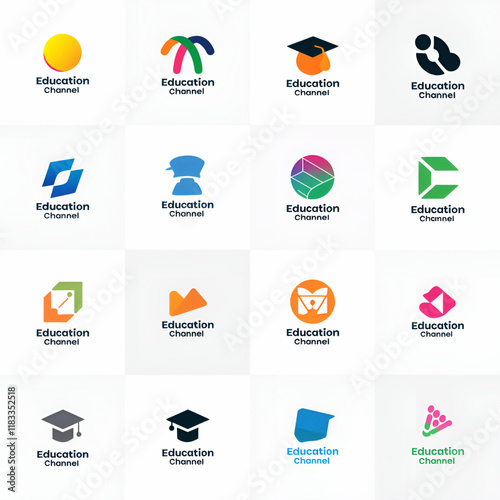 Twenty minimalist logo designs for education companies, featuring simple shapes and modern text