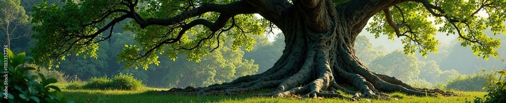 Fototapeta premium Majestic tree with gnarled trunk and sprawling roots, devotion, nature
