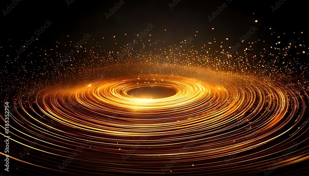 Glowing gold circles create depth, with light dots in dark background. Glowing gold circles create depth, with light dots in dark background.