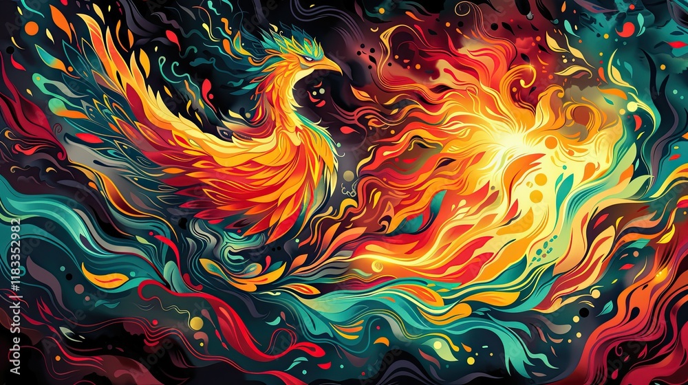 Fototapeta A bold and empowering t-shirt design that showcases a vibrant phoenix rising from the ashes. The environment is a fiery inferno, symbolizing transformation and resilience