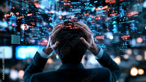 Distressed investor holding head in hands, overwhelmed by data and numbers, feeling stressed and anxious in digital environment