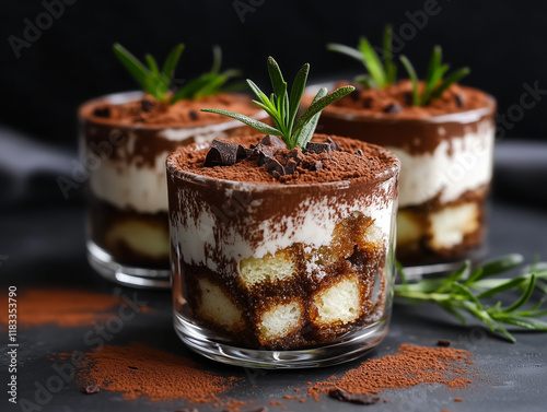 Layered tiramisu in glass cups photo