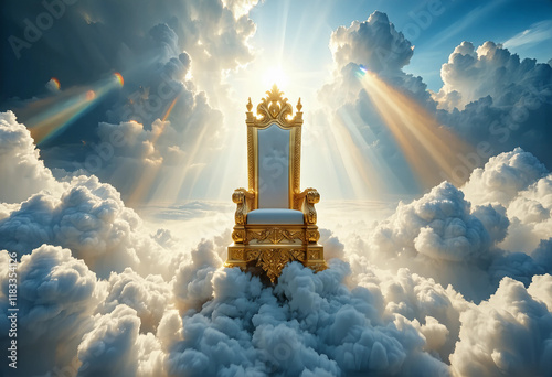 Majestic golden throne of god in heaven in the sky surrounded white clouds and divine light Second c photo