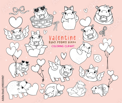 Cute Retro Valentine Baby Pygmy Hippo Doodle Hand Drawn Coloring Image set Black and White
