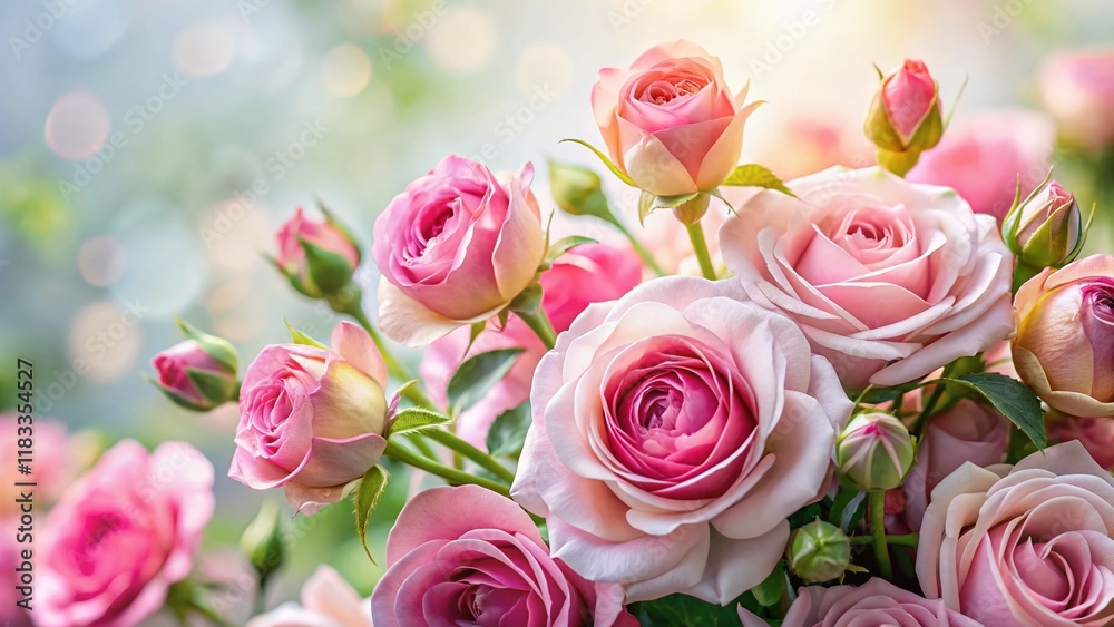 Panoramic View of Pink Roses and Buds on White Background - Elegant Floral Photography Panoramic View of Pink Roses and Buds on White Background - Elegant Floral Photography