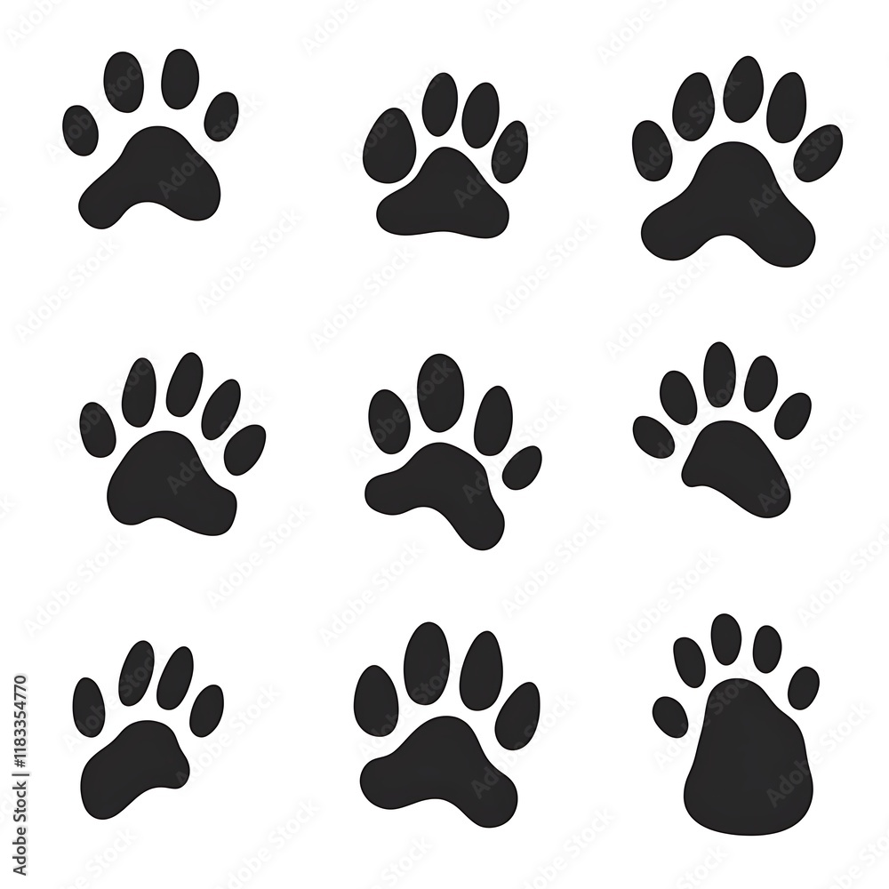 Nine Black Paw Prints on a White Background Nine Black Paw Prints on a White Background