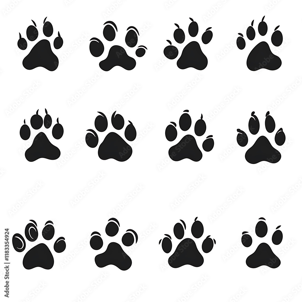 Fototapeta premium Nine Black Paw Prints on a White Background