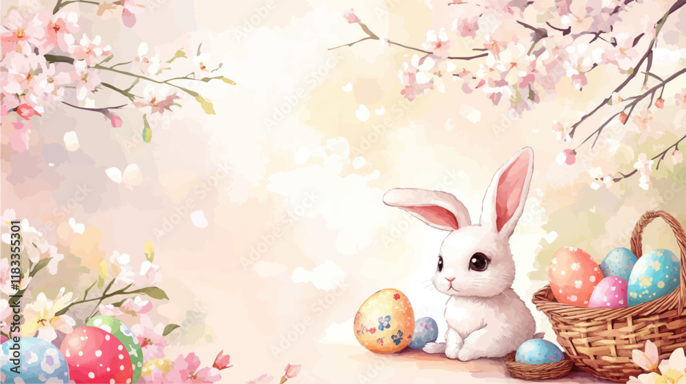 Easter basket with eggs and bunny decorated with flowers. Happy easter.