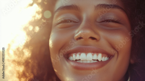 Wallpaper Mural Joyful woman with curly hair smiling brightly in golden sunlight, capturing authentic emotions of happiness and warmth in a serene outdoor setting Torontodigital.ca