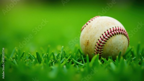 Wallpaper Mural A well-worn baseball rests gently in lush green grass Torontodigital.ca