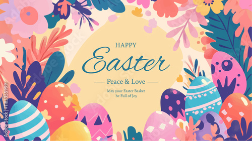 Easter basket with eggs and bunny decorated with flowers. Happy easter.