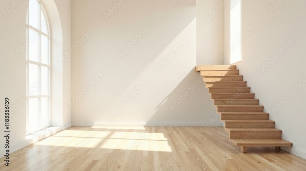 Obraz premium Bright Room with Wooden Staircase and Sunlight Streaming Through Arch Window