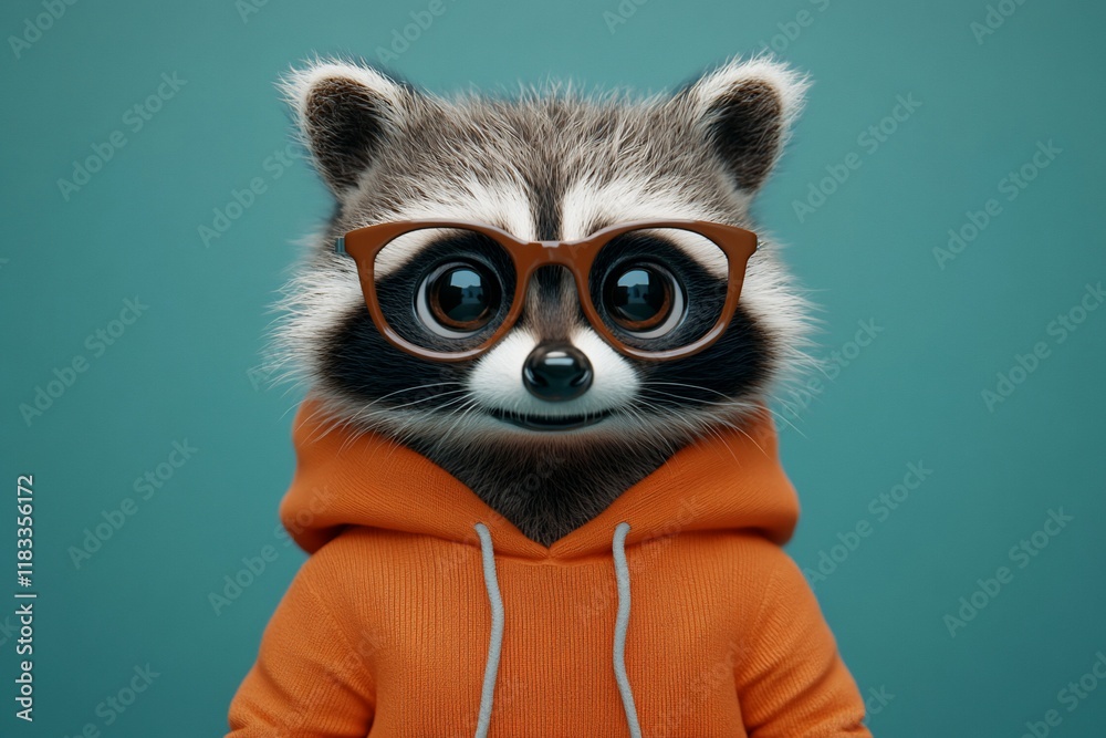 Fototapeta premium Cute cartoon raccoon wearing glasses and hoodie. (5)