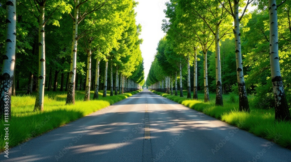 Asphalt road lined with birch trees on a sunny day Asphalt road lined with birch trees on a sunny day