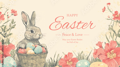 Easter basket with eggs and bunny decorated with flowers. Happy easter.