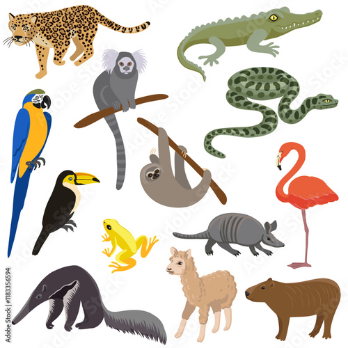 vector drawing animals of South America isolated at white background, hand drawn illustration, natural design elements