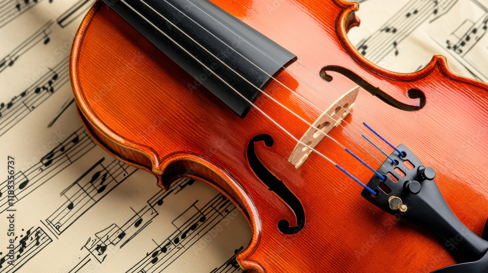 Fototapeta premium Close-Up of a Beautifully Crafted Violin Resting on Sheet Music With Intricate Notes and Melodies, Perfect for Musical Themes and Art Projects
