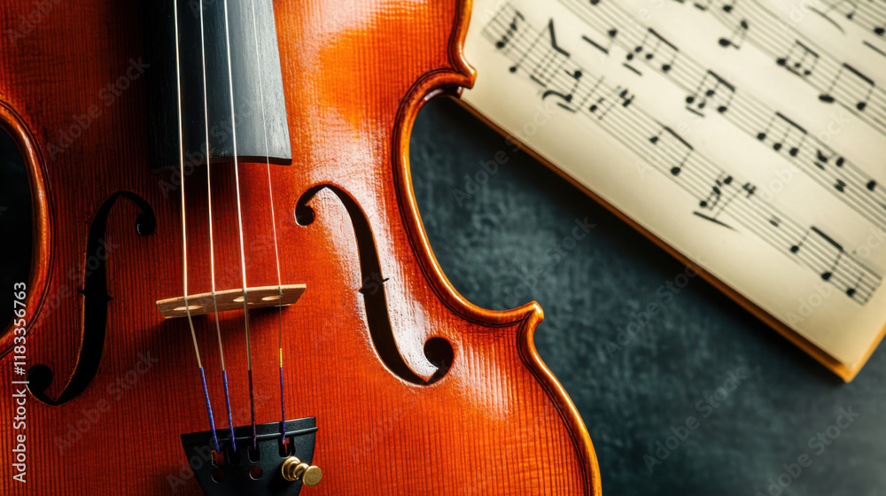 Fototapeta premium Close-Up of a Beautiful Violin on Dark Background Next to Sheet Music Displaying Musical Notes for Classical Instrument and Music Enthusiasts