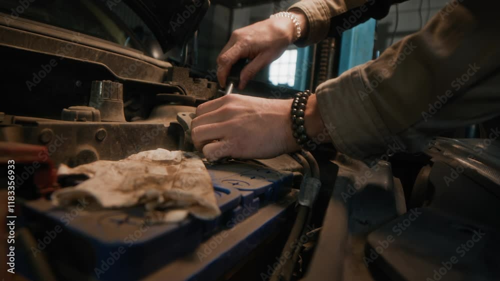 Cropped shot of hands of unrecognizable mechanic fixing car motor with tools in workshop Cropped shot of hands of unrecognizable mechanic fixing car motor with tools in workshop