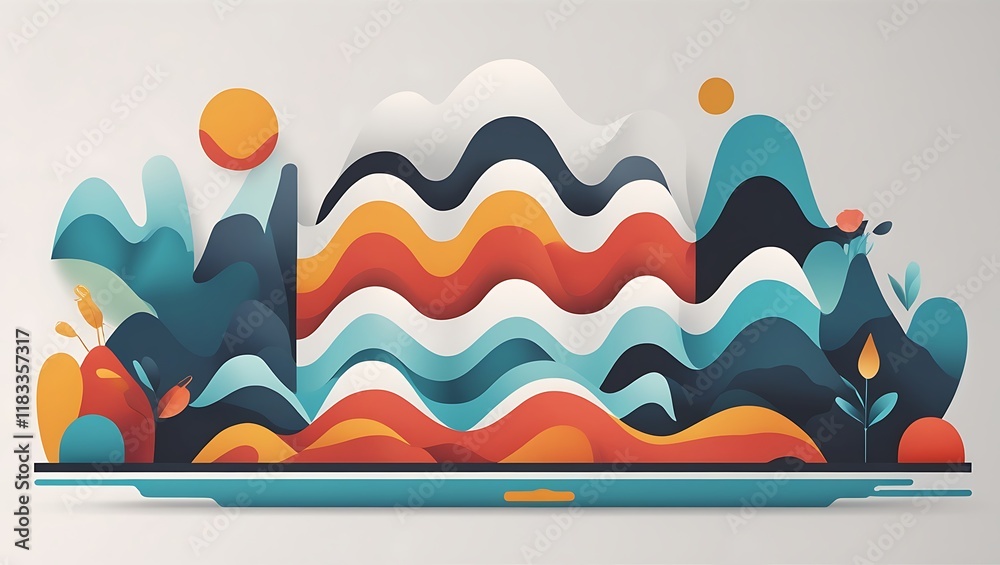 Naklejka premium Abstract Colorful Landscape with Wavy Mountains and Floral Elements