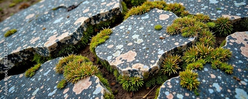 Weathered granite surface with moss growth and lichen patches, nature, fossil, weathered photo