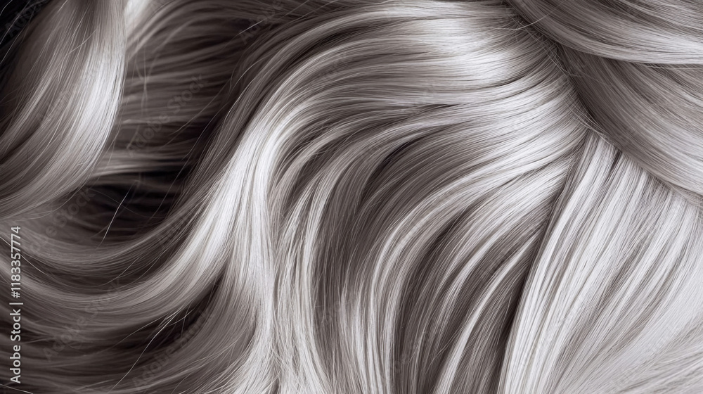 Naklejka premium Beautifully Curled Silvery Hair With Glossy Finish Displaying Smooth Waves and Luscious Texture for Fashion, Beauty, and Haircare Themes