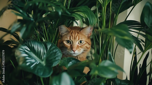 57.A curious domestic cat peeking out from behind tall houseplants in a cozy living room, its whiskers highlighted against the lush greenery. photo