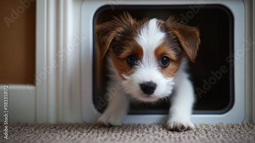 54.A curious puppy cautiously stepping through a pet door, with its paws landing on a soft mat inside the home and the doorâ€™s sturdy frame visible in detail. photo