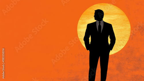 Silhouette of a Man in Formal Suit Against a Bright Orange Sun, Representing Strength, Confidence, and Professionalism in Modern Business Environment