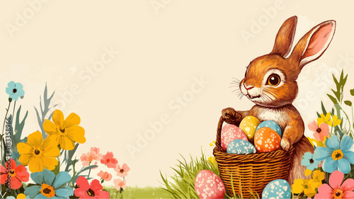 Easter basket with eggs and bunny decorated with flowers. Happy easter.