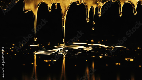 Viscous Golden Honey Dripping On Black Surface With Reflective Puddles Creating A Luxurious And Enticing Visual Experience In A Dark Background