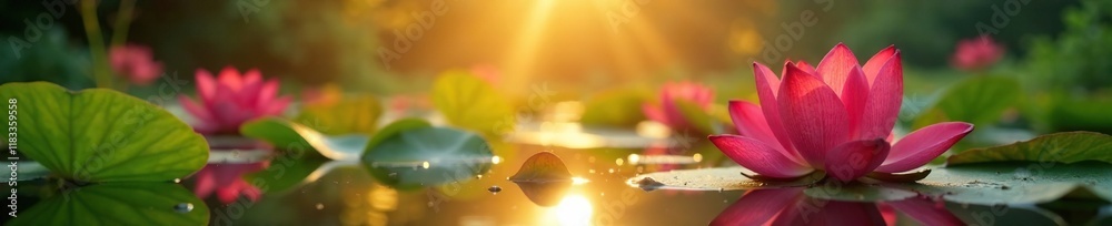 Blooming red lotus flowers in a serene pond with yellow sunset background, flower, serenity, calmness Blooming red lotus flowers in a serene pond with yellow sunset background, flower, serenity, calmness