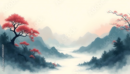 A serene watercolor painting depicting a river flowing through lush trees in a tranquil landscape setting