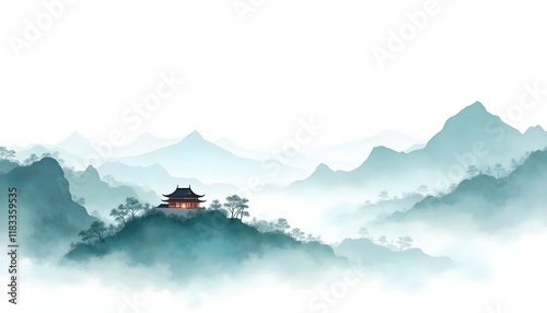 An Asian-inspired watercolor artwork that emphasizes a serene path guiding the viewer's gaze toward a pagoda, surrounded by vibrant natural scenery