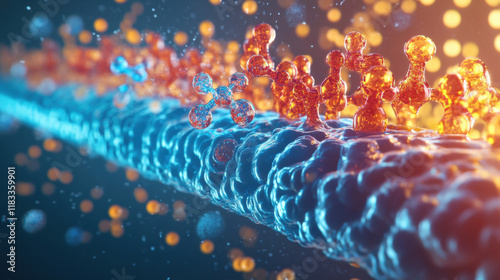 Abstract Representation of Molecular Structures and Interactions in a Colorful Scientific Environment Featuring Glowing Particles and Textures