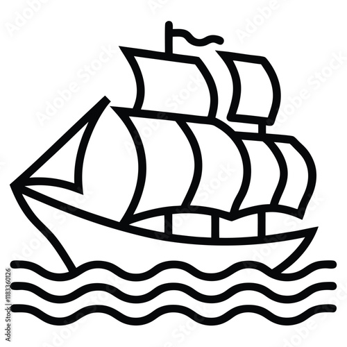 A simple ship outline with sails and waves below, vector style.