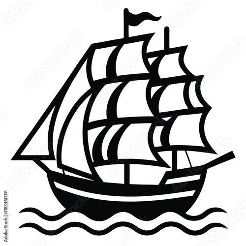 A simple ship outline with sails and waves below, vector style.