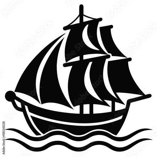 A simple ship outline with sails and waves below, vector style.