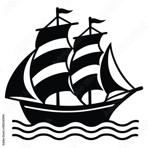 A simple ship outline with sails and waves below, vector style.