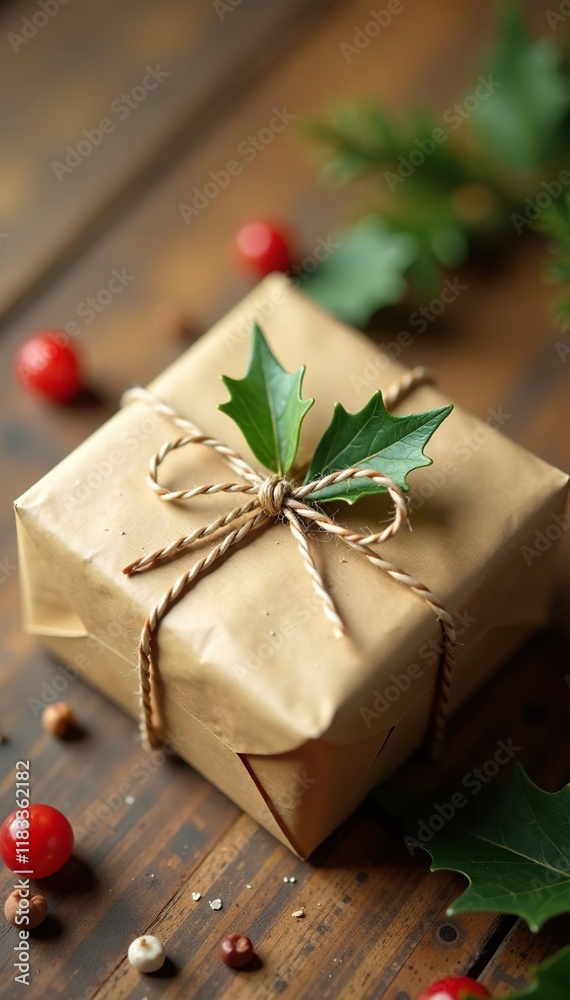 Gift wrapped in brown paper with twine and a small bow, natural, decorative Gift wrapped in brown paper with twine and a small bow, natural, decorative