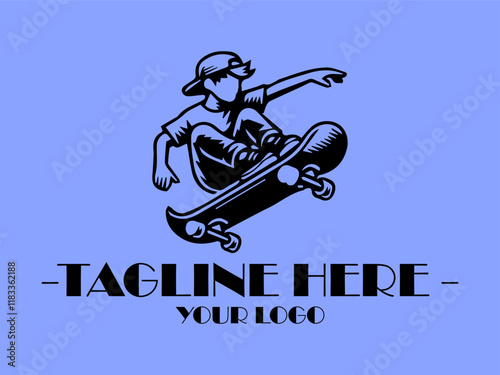 Black silhouette skateboarding on vivid blue suitable for sports and leisure designs, background illustration vector skateboardthemed projects, and energetic lifestyle concepts