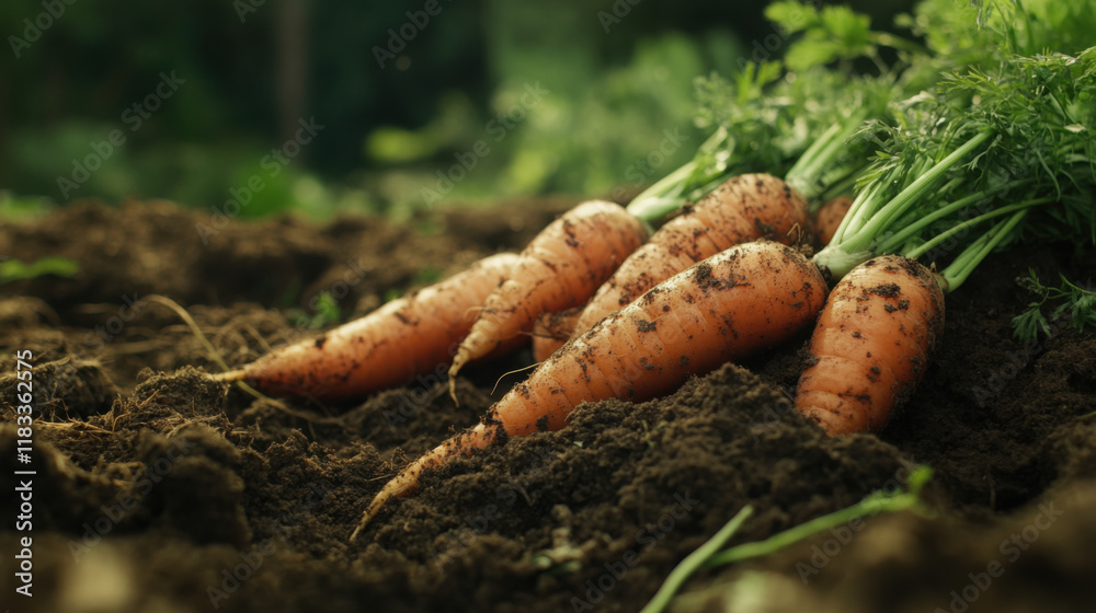 Freshly harvested carrots resting on rich, dark soil surrounded by greenery in a vibrant garden setting, showcasing nature's bounty and organic farming practices. Freshly harvested carrots resting on rich, dark soil surrounded by greenery in a vibrant garden setting, showcasing nature's bounty and organic farming practices.