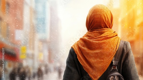 World Hijab Day Woman wearing an orange hijab in a busy cityscape.