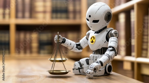 Creative visualization of AI dilemmas with a robot analyzing a scale of justice, glowing symbols for progress, and dark shadows hinting at unintended consequences photo