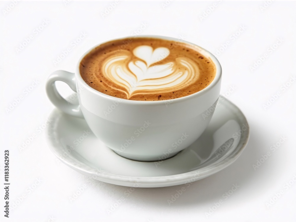Cappuccino with latte art on white plate, clean background. Ideal for coffee posters, sharp textures, studio lighting, high resolution. Cappuccino with latte art on white plate, clean background. Ideal for coffee posters, sharp textures, studio lighting, high resolution.