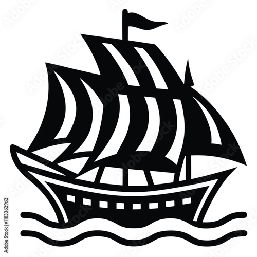 A simple ship outline with sails and waves below, vector style.