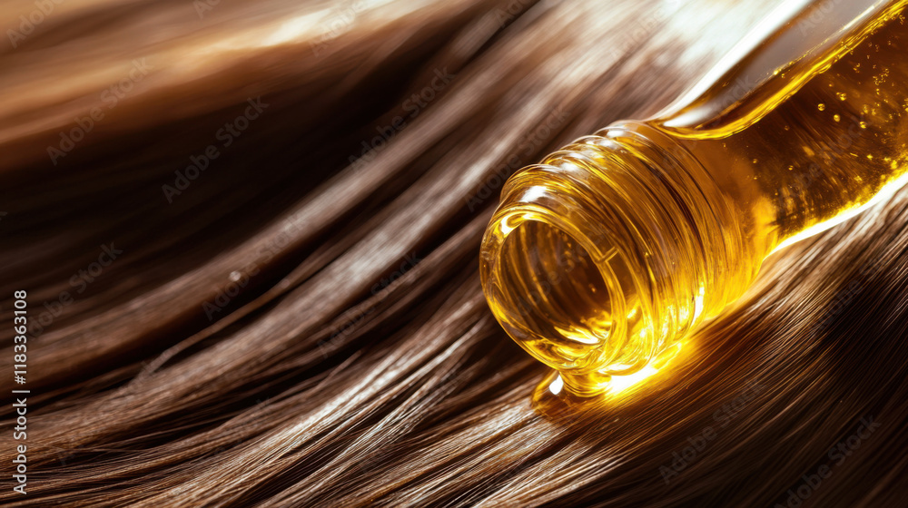 Fototapeta premium Close-Up of Hair Oil Bottle with Liquid Pouring on Silky Soft Hair, Capturing the Essence of Hair Care and Moisture, Highlighting Beauty and Shine in Every Drop